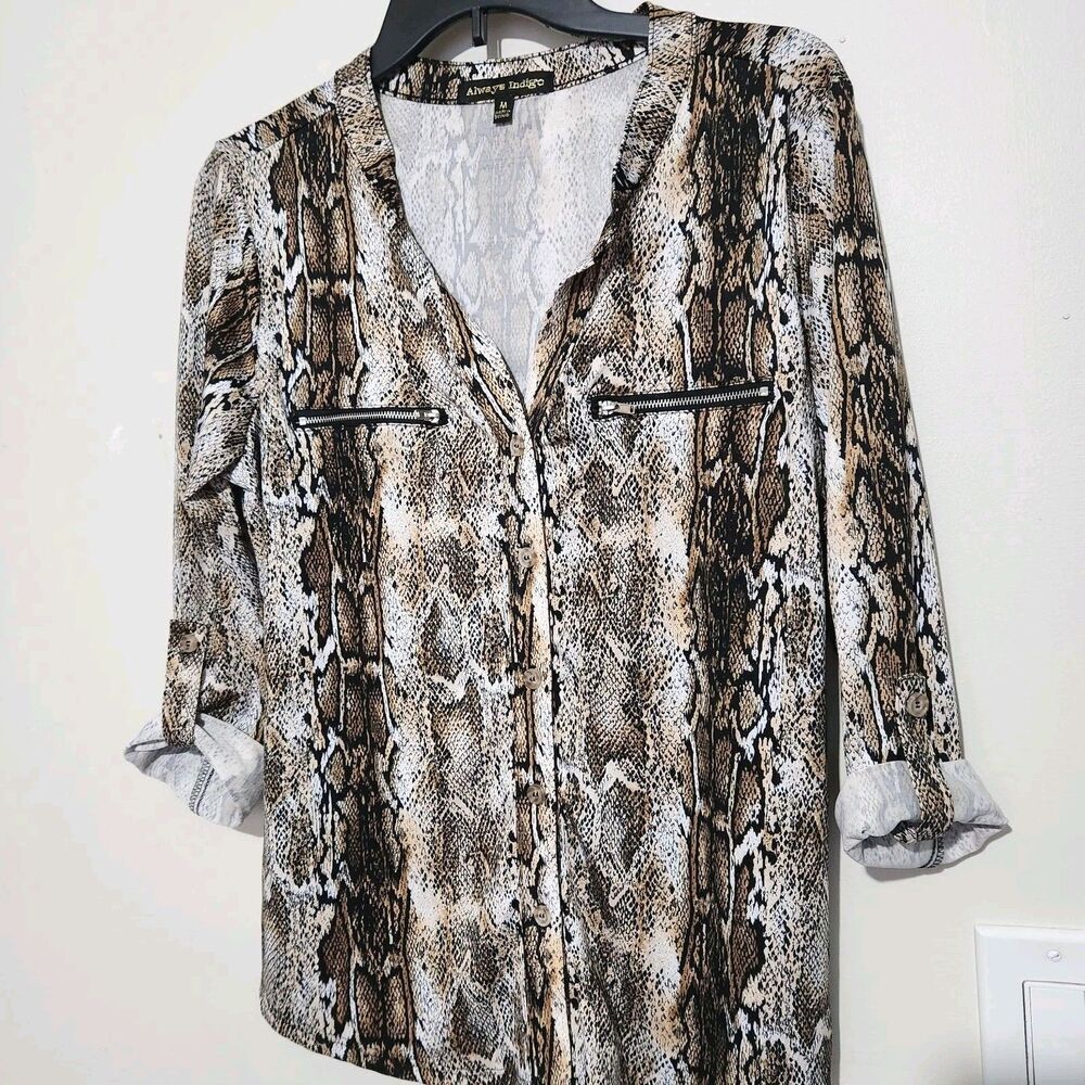 Always Indigo Top Size Medium Roll Tab Sleeves Lightweight Animal Print